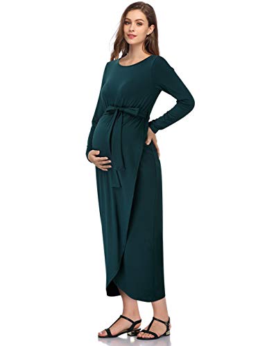Maternity Dress Women's Casual Round Neck Front Slit High Low Maxi Dress with Belt