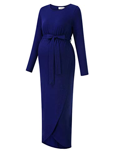 Maternity Dress Women's Casual Round Neck Front Slit High Low Maxi Dress with Belt