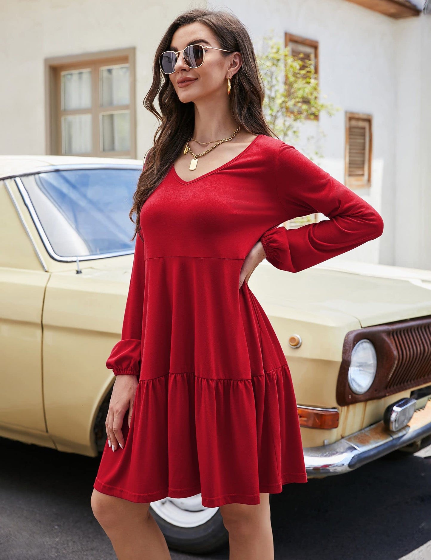 YESFASHION Women's V Neck Layered Dress Long Sleeve Dress Wine Red