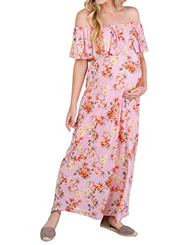 Maternity Dress Women's Off Shoulder Floral Print Casual Maxi Boho Dress