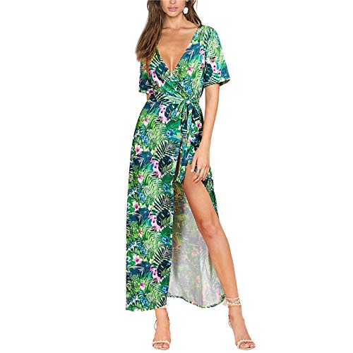 Women Floral Print Split Wrap Deep V-neck Long Maxi Boho Dress
