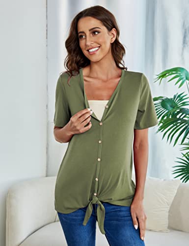 Women's Button Down V Neck Maternity Shirts Short Sleeve Nursing Tops Breastfeeding Tie Knot Henley Pregnancy Clothes