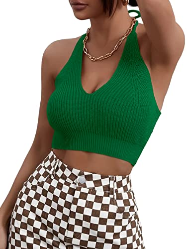 Womens Sexy Halter Crop Tops Sleeveless Y2K Backless Knitted Tube Top V Neck Solid Summer