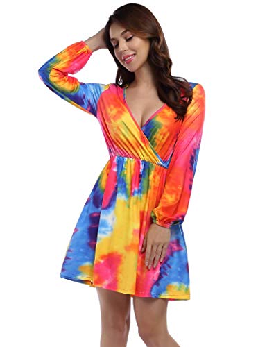 YESFASHION Women V Neck Skating Dress Long Sleeves Printed Casual Dress Rainbow