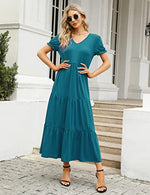 YESFASHION Boho Swing Straight Long Puff Sleeve Maxi Dress Wine Red