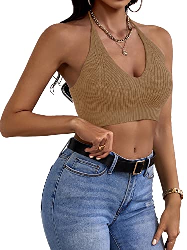 Womens Sexy Halter Crop Tops Sleeveless Y2K Backless Knitted Tube Top V Neck Solid Summer