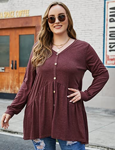 Women's Plus Size Casual Tunic Tops V Neck Buttons Pleated Flared Blouses