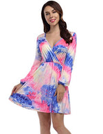 YESFASHION Women V Neck Skating Dress Long Sleeves Printed Casual Dress
