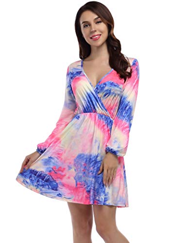 YESFASHION Women V Neck Skating Dress Long Sleeves Printed Casual Dress Rainbow
