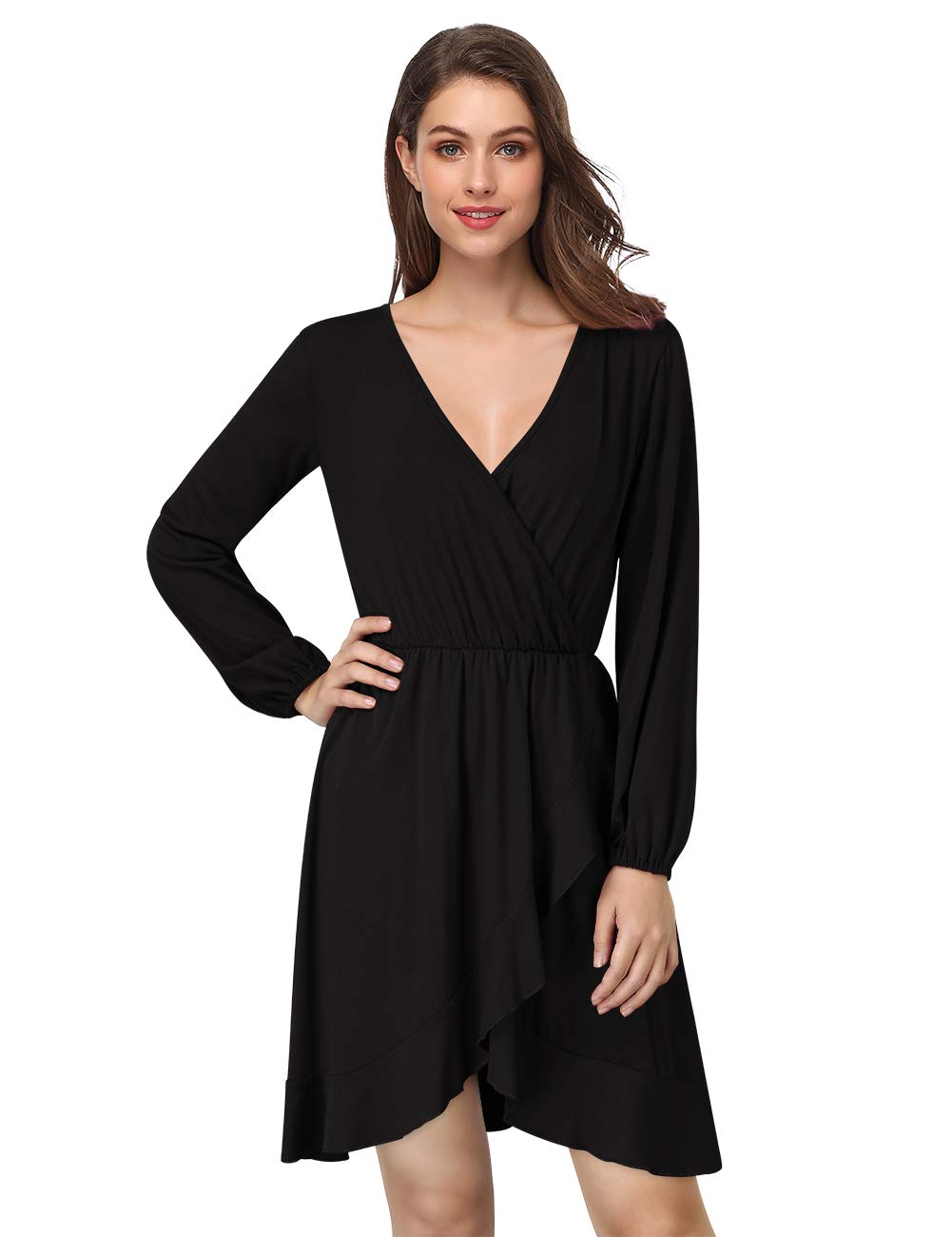 YESFASHION Women's Vneck A-Line Ruffles Cocktail Party Dress Black