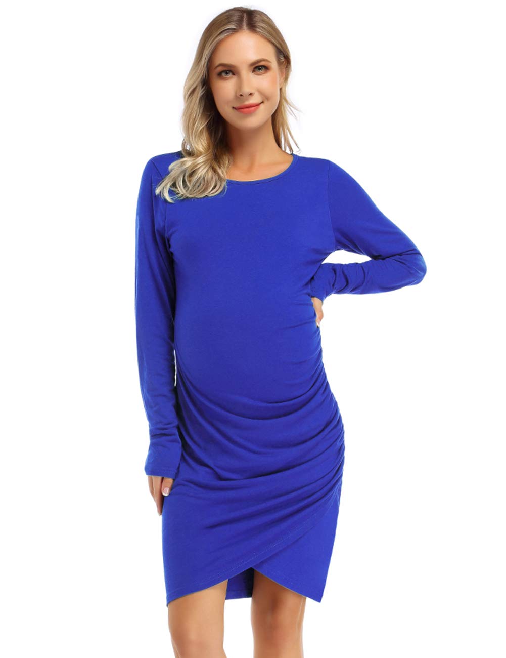 Womens Maternity Dresses Casual Ruched Long Sleeve Irregular Bodycon Mini Dress for Women
