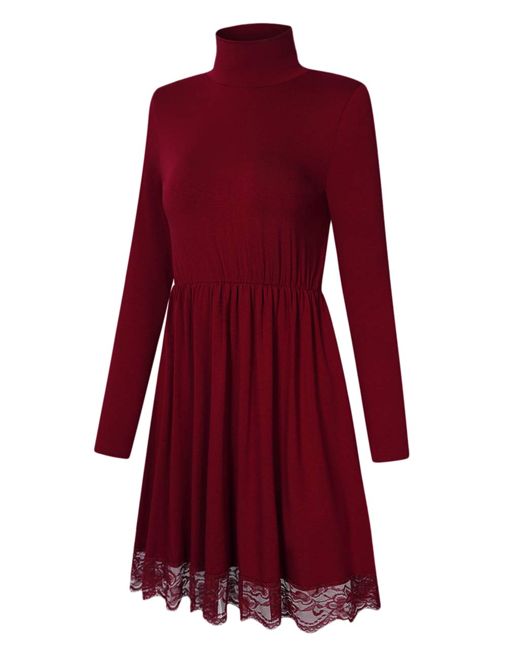Women Turtleneck Long Sleeve Tunic Casual Short Dress with Lace Hem