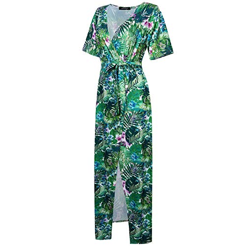 Women Floral Print Split Wrap Deep V-neck Long Maxi Boho Dress