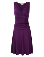 Women V Neck Sleeveless Crossover Wrap Ruched Waist Slimming Swing Cocktail Dress
