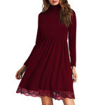 Women Turtleneck Long Sleeve Tunic Casual Short Dress with Lace Hem
