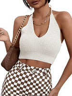 Womens Sexy Halter Crop Tops Sleeveless Y2K Backless Knitted Tube Top V Neck Solid Summer