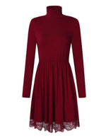 Women Turtleneck Long Sleeve Tunic Casual Short Dress with Lace Hem