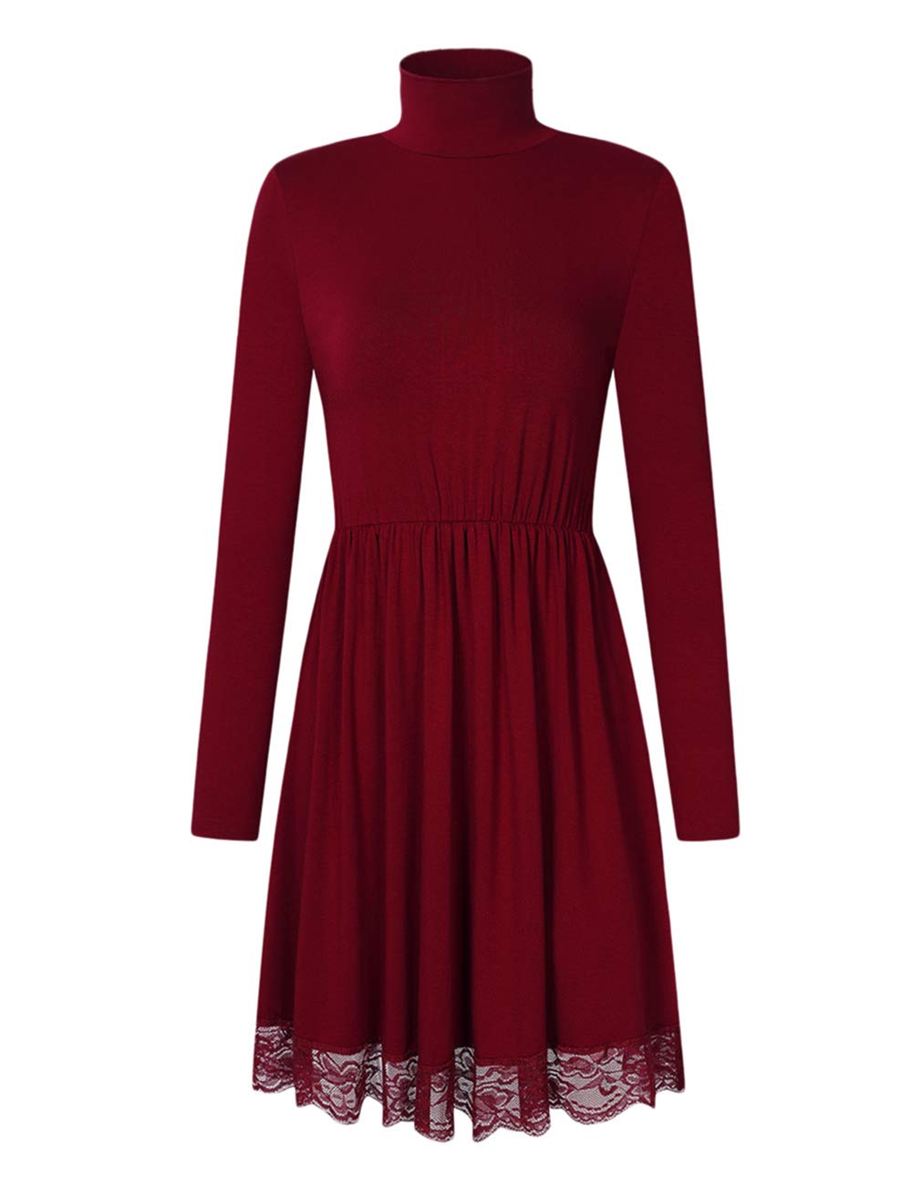 Women Turtleneck Long Sleeve Tunic Casual Short Dress with Lace Hem