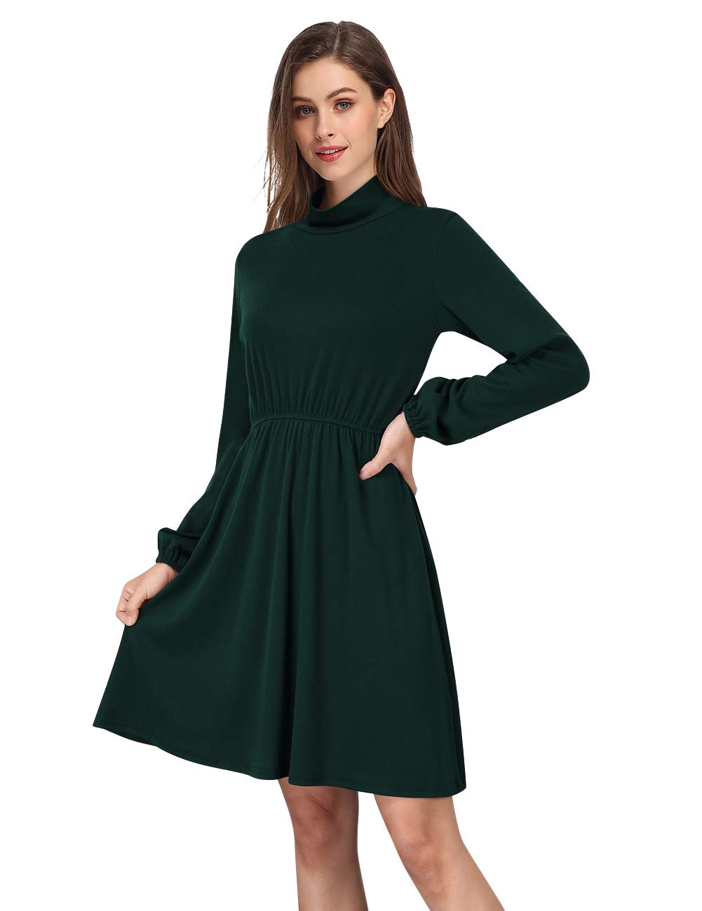 Women Casual Turtleneck Long Sleeve Tunic Flowy Swing T-Shirt A-Line Mini Dress