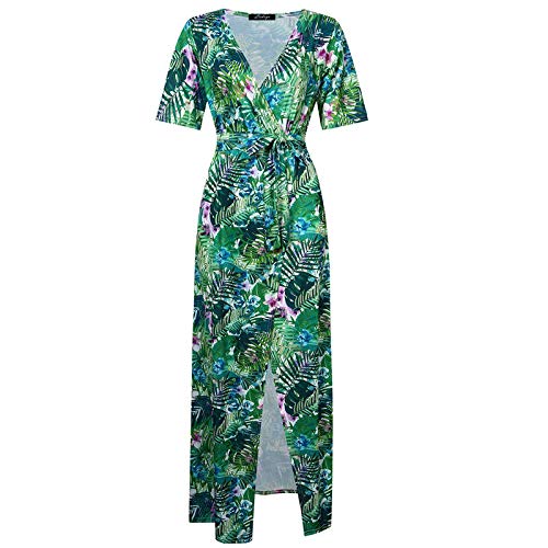 Women Floral Print Split Wrap Deep V-neck Long Maxi Boho Dress