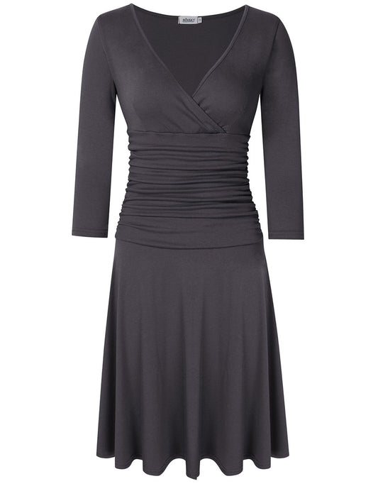 Women 3/4 Long Sleeve Crossover Wrap V Neck Ruched Waist Slimming Swing Midi Cocktail Dress