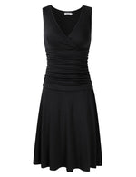 Women V Neck Sleeveless Crossover Wrap Ruched Waist Slimming Swing Cocktail Dress