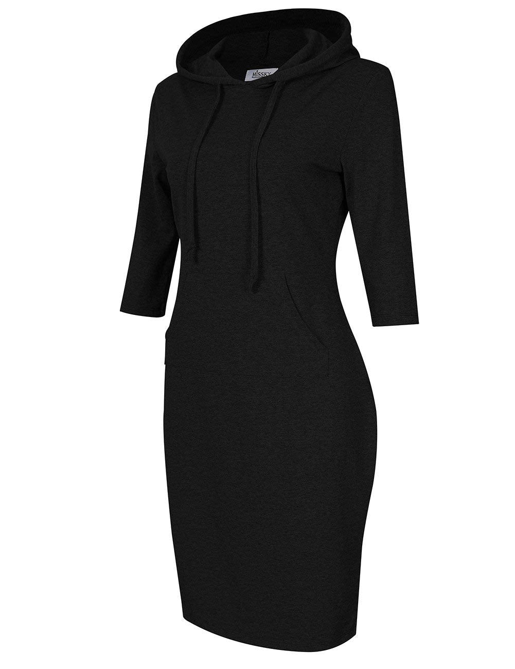 Women's 3/4 Sleeve Pocket Knee Length Red Sweatshirt Hoodie Dress