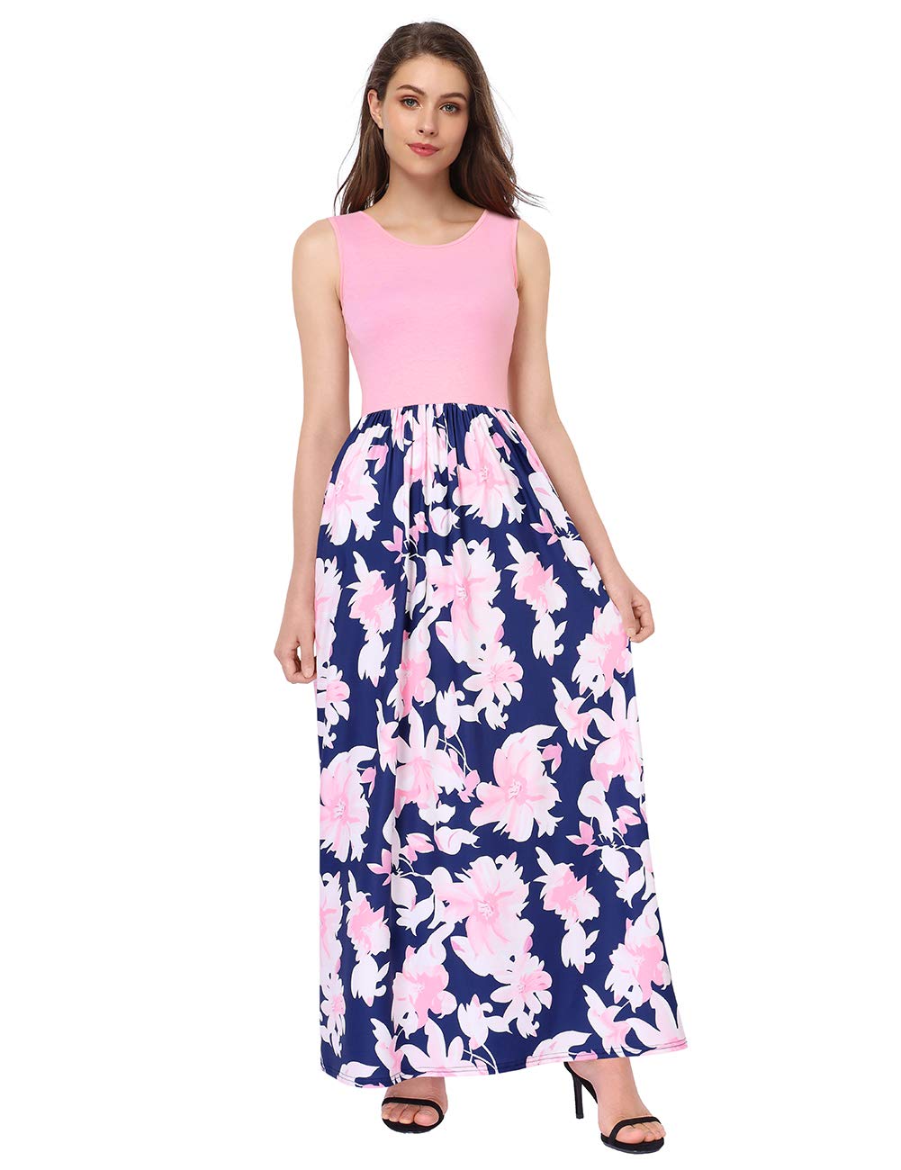 Women's Sleeveless Casual Pocket Floral Maxi Beach Dress