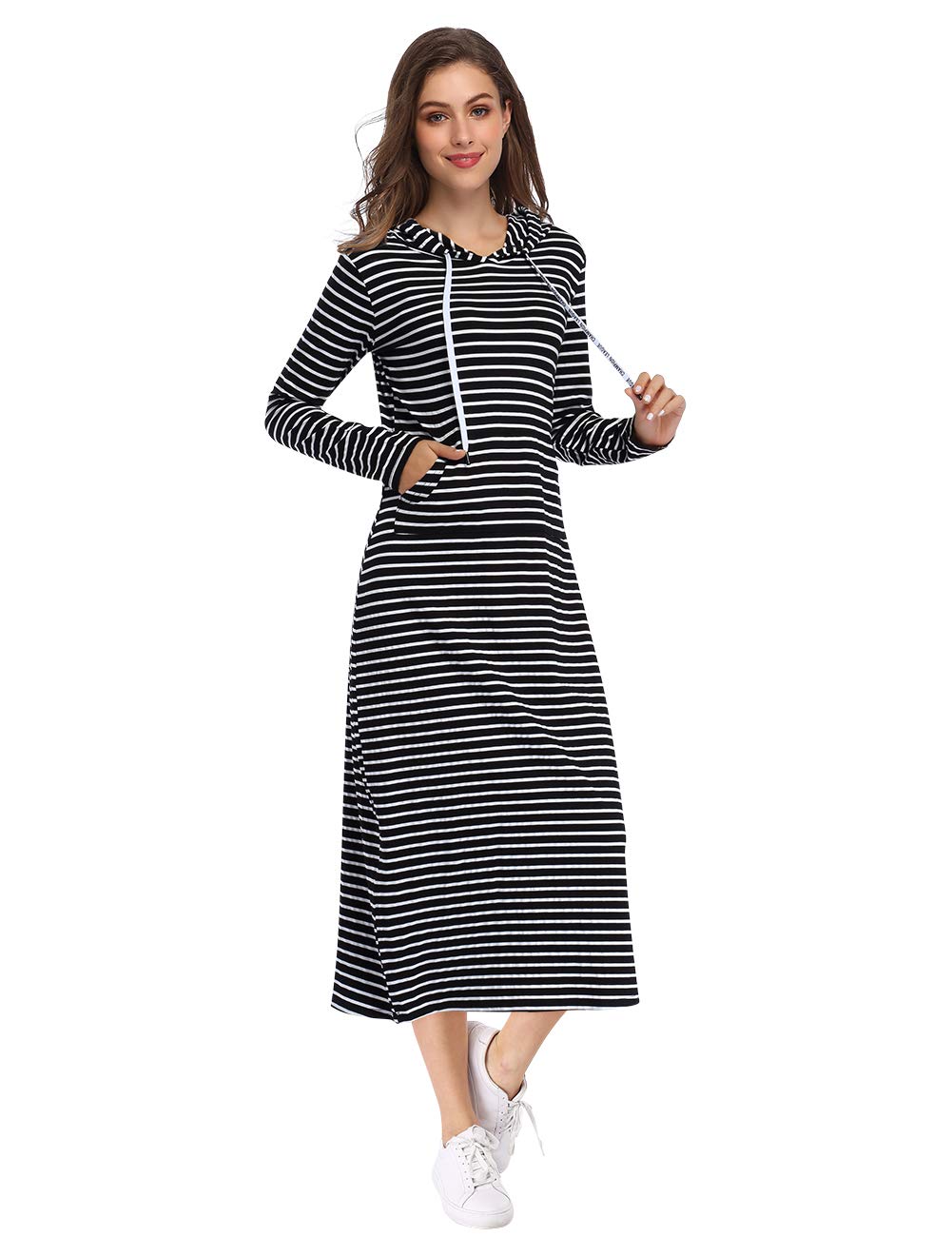 Women Long Sleeve Pullover Stripe Pocket Slim Sweatshirt Casual Hoodie Dress Hooded Sweater Dresses
