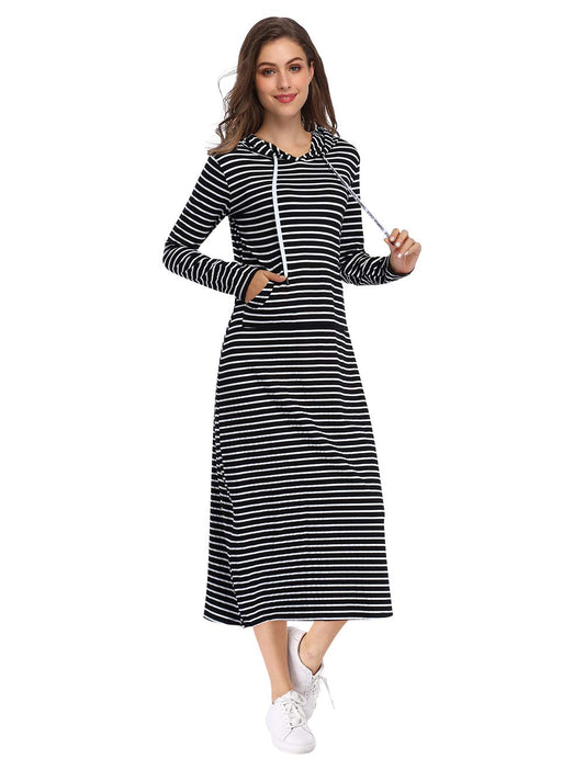 Women Long Sleeve Pullover Stripe Pocket Slim Sweatshirt Casual Hoodie Dress Hooded Sweater Dresses