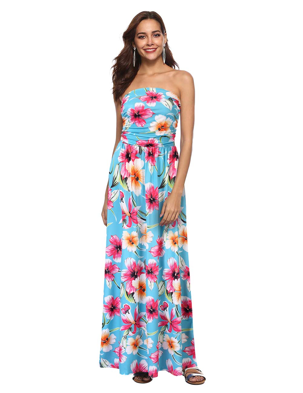 Women Strapless Maxi Boho Vintage Summer Beach Floral Print Hawaiian Party Long Dress
