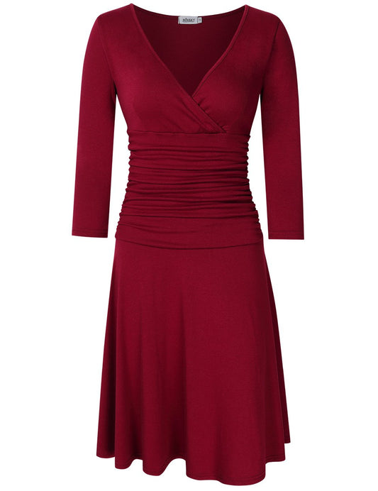 Women 3/4 Long Sleeve Crossover Wrap V Neck Ruched Waist Slimming Swing Midi Cocktail Dress