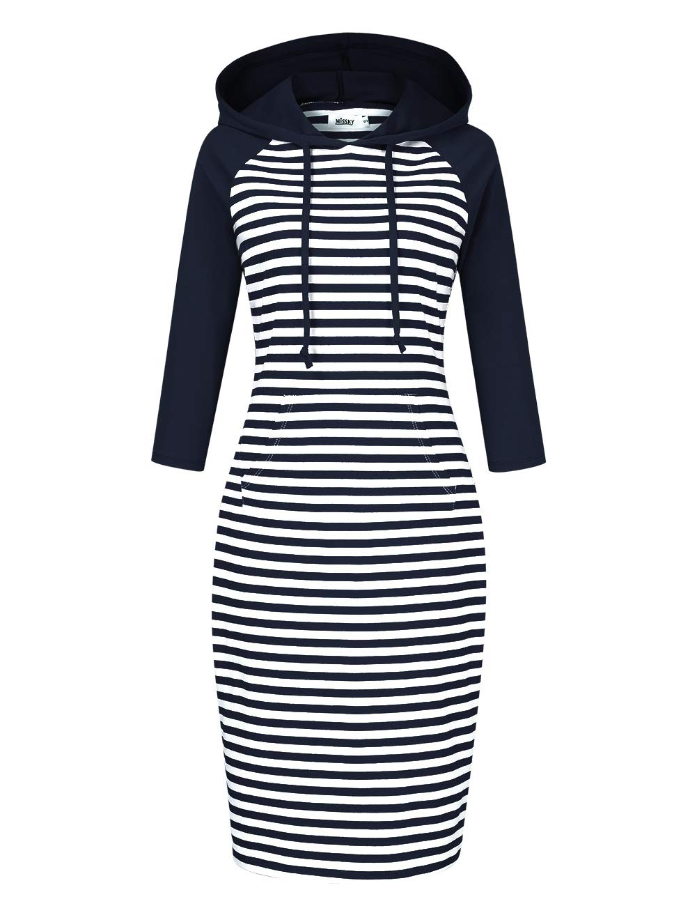 Women 3/4 Sleeve Stripe Pocket Slim Sweatshirt Pullover Hoodie Dress