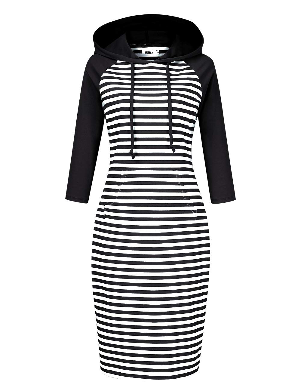 Women 3/4 Sleeve Stripe Pocket Slim Sweatshirt Pullover Hoodie Dress