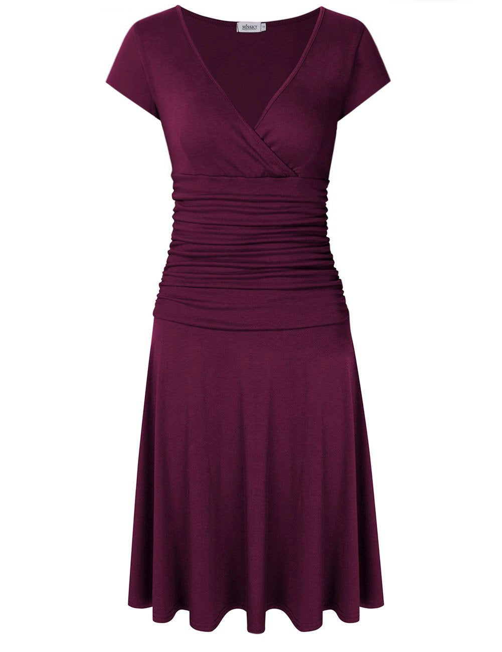 Women Cup Sleeve V Neck Summer Crossover Wrap Ruched Waist Knee Length Funeral Swing Casual Dress