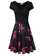 Women's Summer V Neck Short Sleeve Pocket Floral Print Swing Vintage Casual Dress