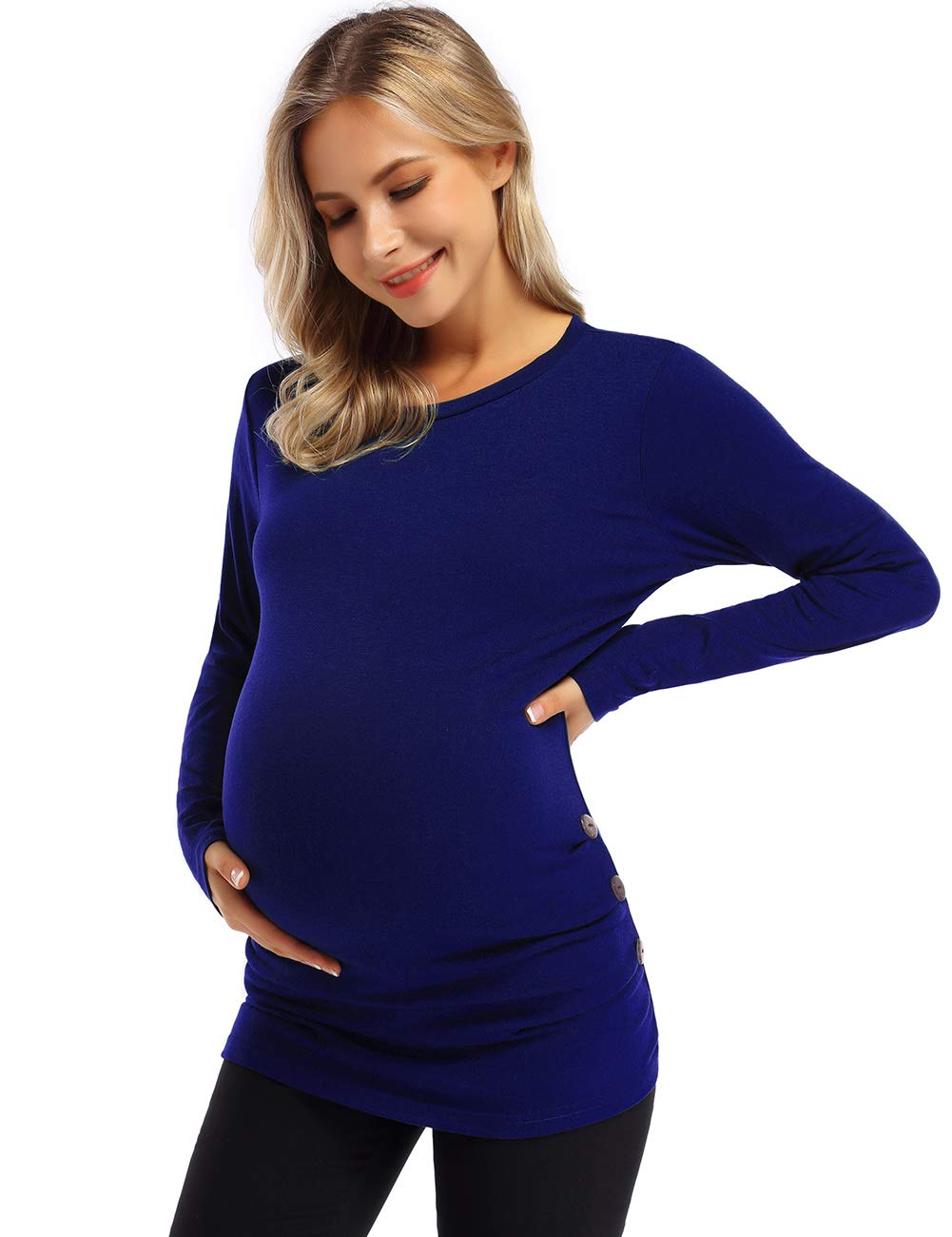 Maternity Shirt Side Button and Ruched Maternity Tunic Tops Maternity Long Sleeve T-Shirts