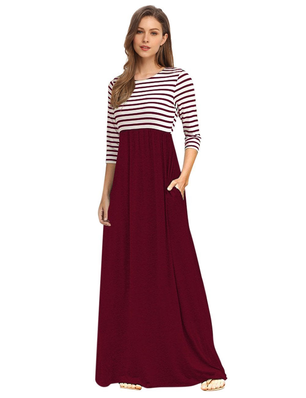 Women's Striped Round Neck 3/4 Sleeve Casual Long Maxi Dress with Side Pockets