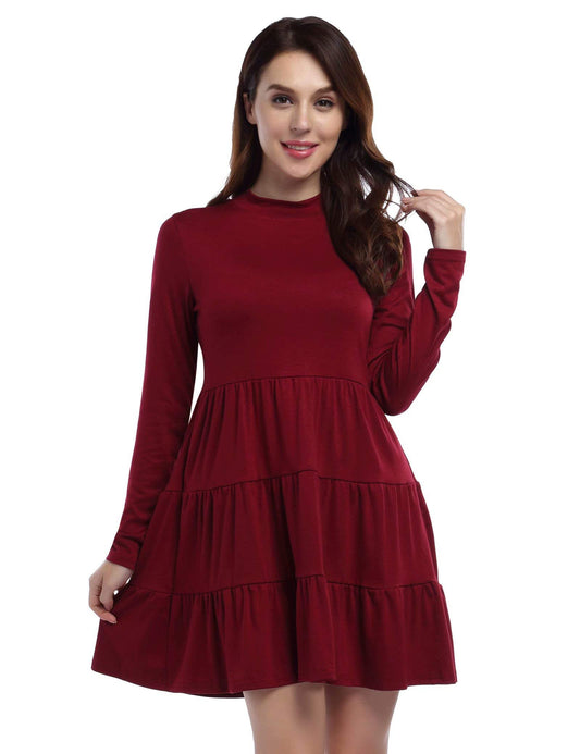 Women Turtleneck Long Sleeve Casual Pleated Mini Dress