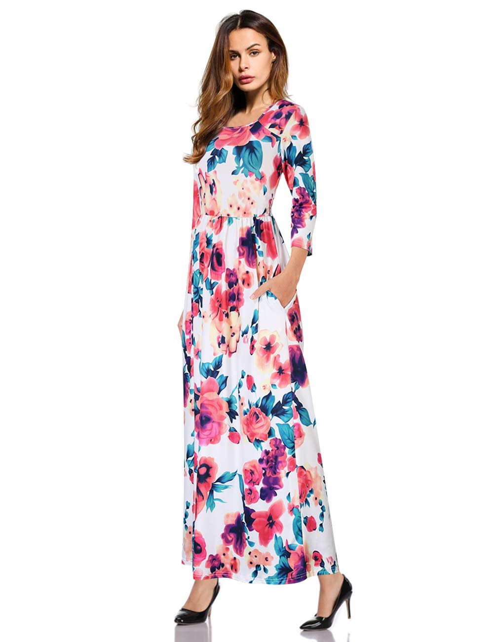 Women 3/4 Long Sleeve Floral Party Maxi Dress