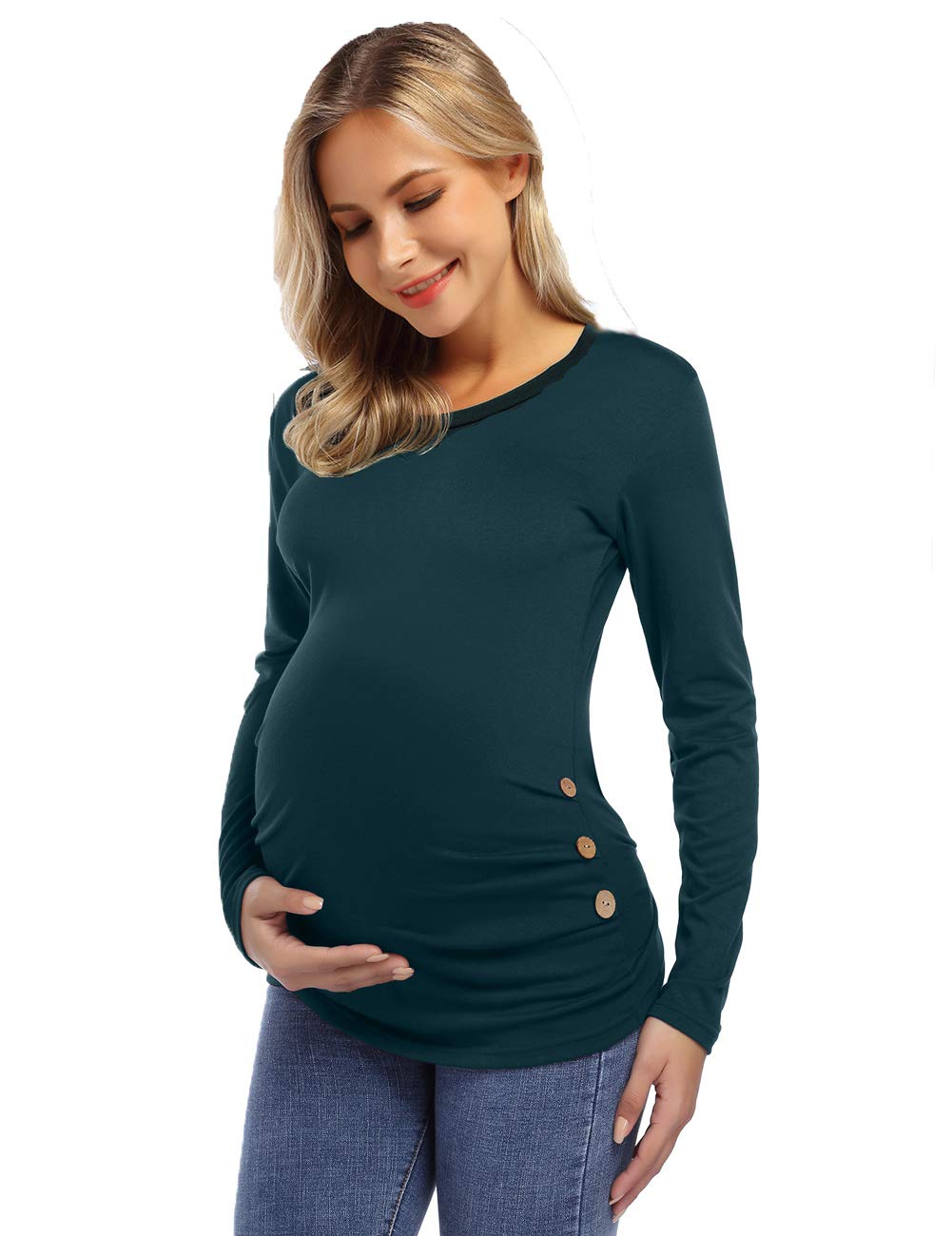 YESFASHION Maternity Shirts Women's V Neck Side Button Plus Size Tops