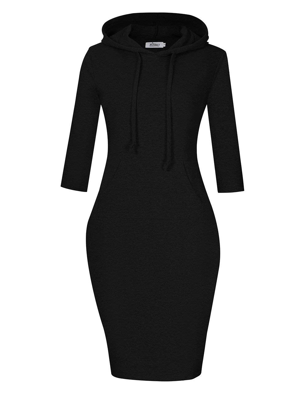 Women's 3/4 Sleeve Pocket Knee Length Red Sweatshirt Hoodie Dress