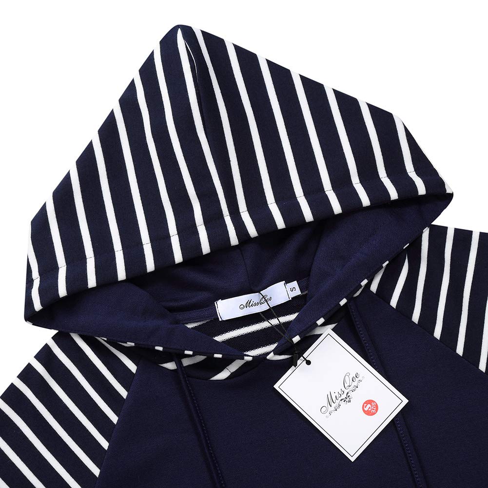 Women's Cowl Neck Pullover Hoodies Long Sleeve Kangaroo Pocket Spliced Striped Hooded Sweatshirts