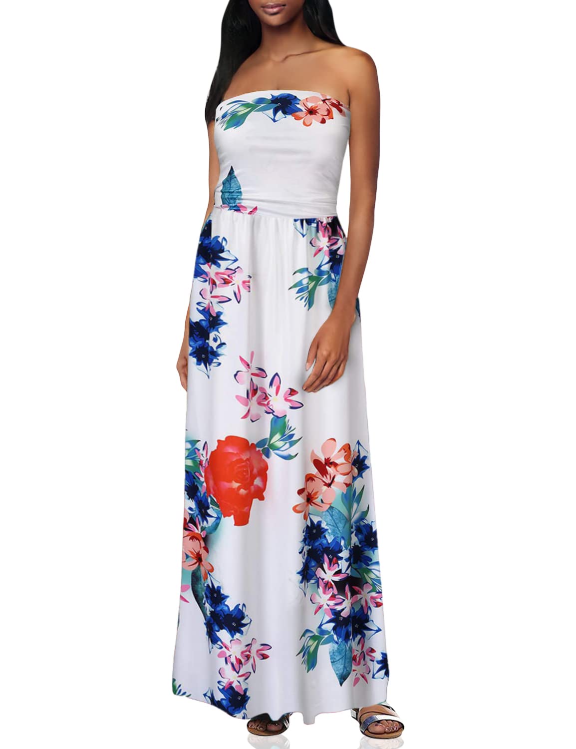 Women Strapless Maxi Boho Vintage Summer Beach Floral Print Hawaiian Party Long Dress
