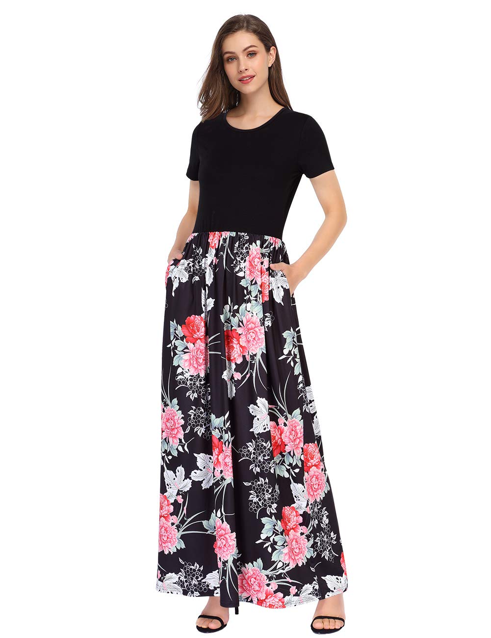 Women Short Sleeve Round Neck Pocket Ruched Floral Swing Maxi Dress