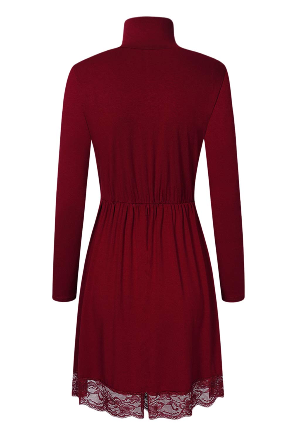 Women Turtleneck Long Sleeve Tunic Casual Short Dress with Lace Hem