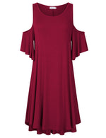 Women Plus Size Summer Round Neck Solid Cold Shoulder Loose Casual Blouse Dress