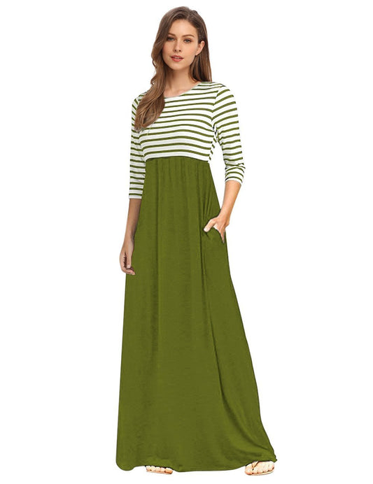 Women's Striped Round Neck 3/4 Sleeve Casual Long Maxi Dress with Side Pockets