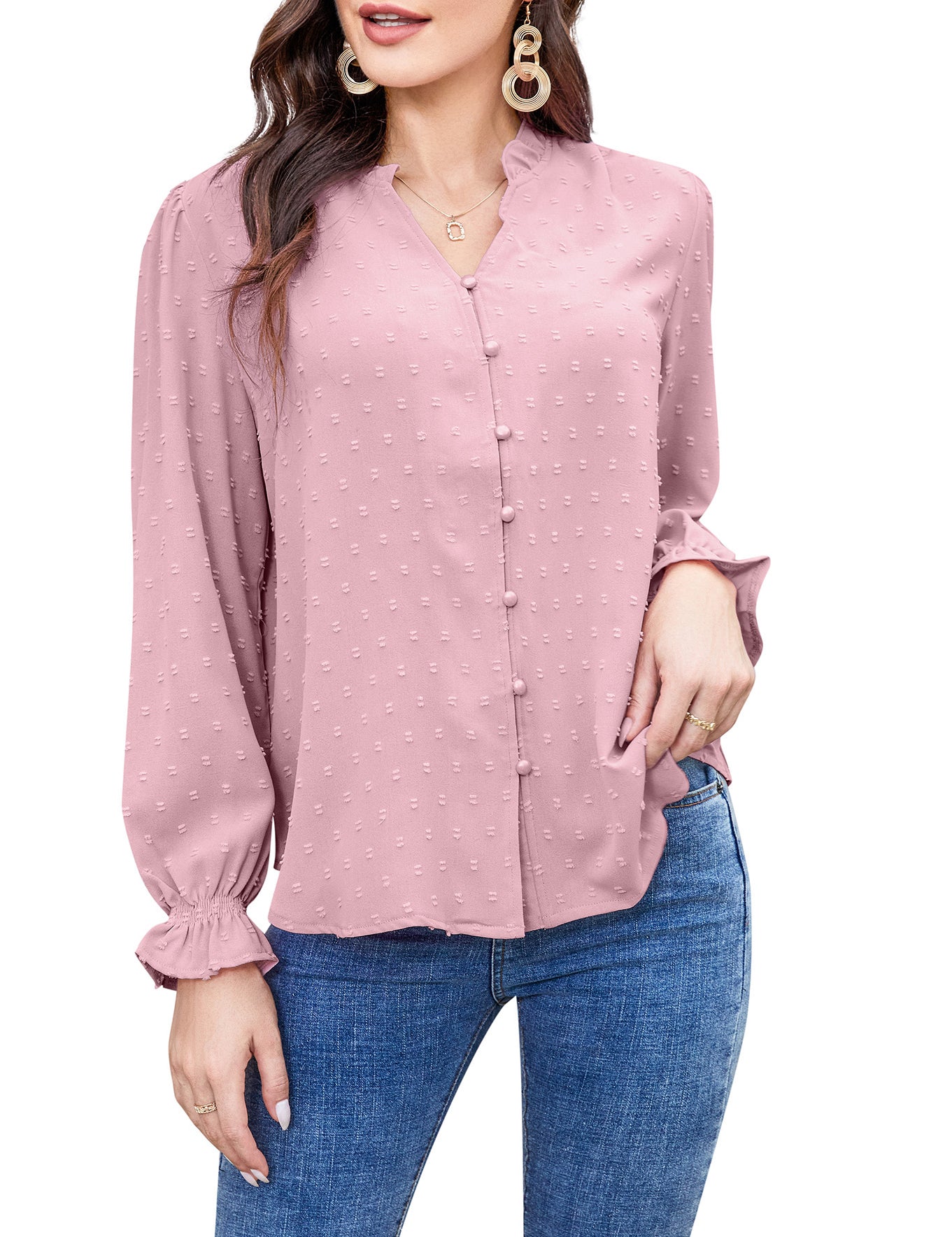 Women's Ruffle V-Neck Polka Dot Shirt