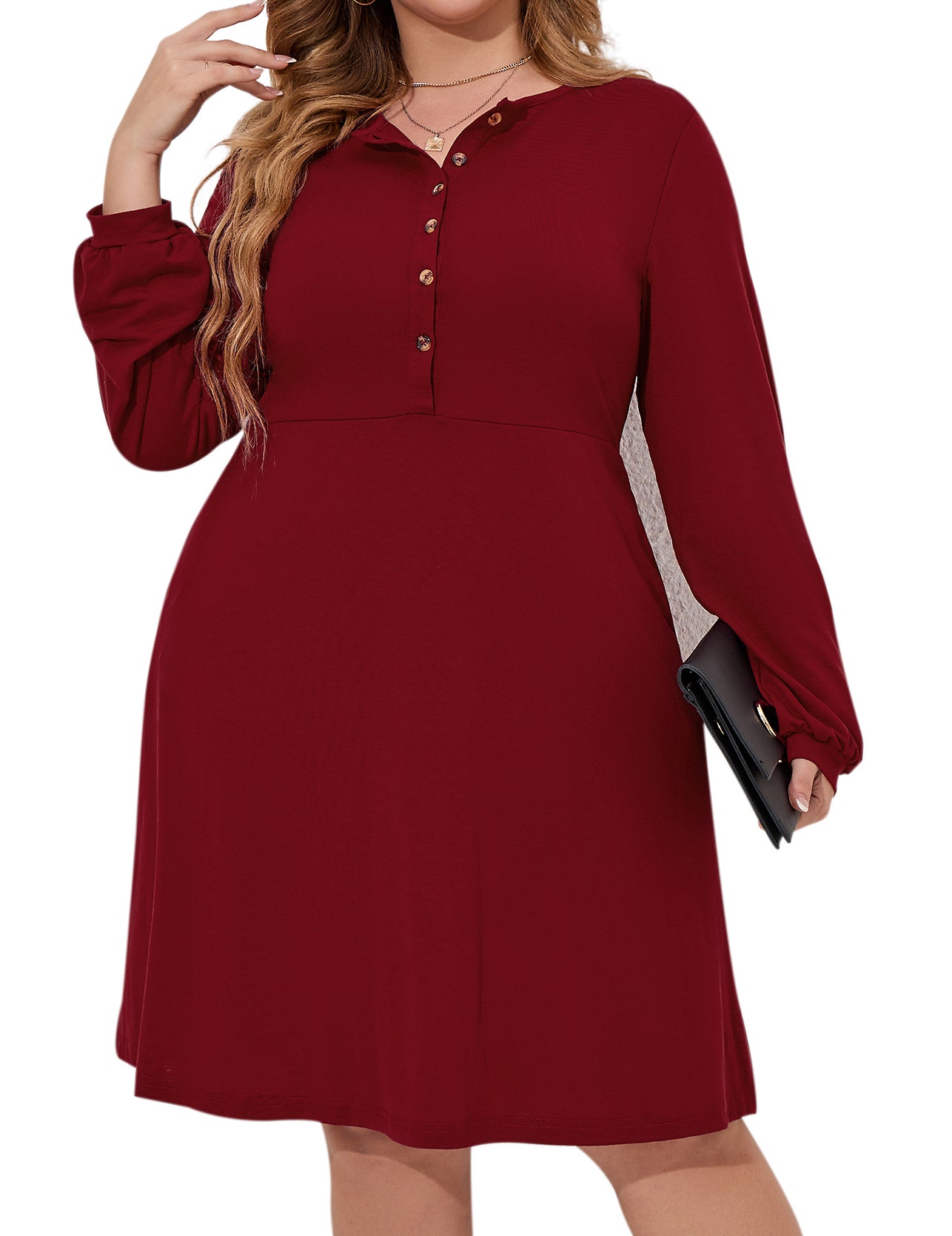 Women's Plus Size Button Up Long Balloon Sleeve Fall Dress